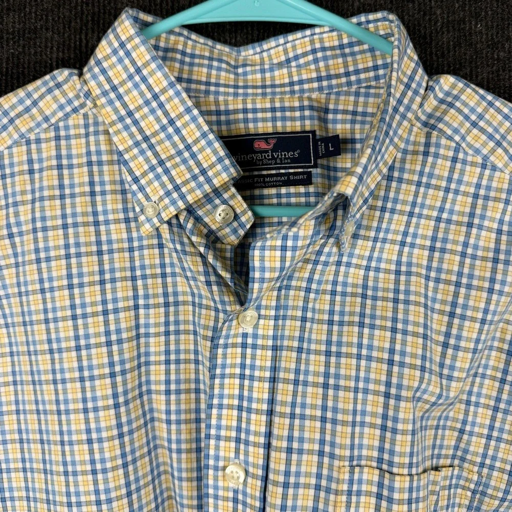Vineyard Vines Classic Fit Murray Shirt Large Blue Yellow Check‎ Whale Logo